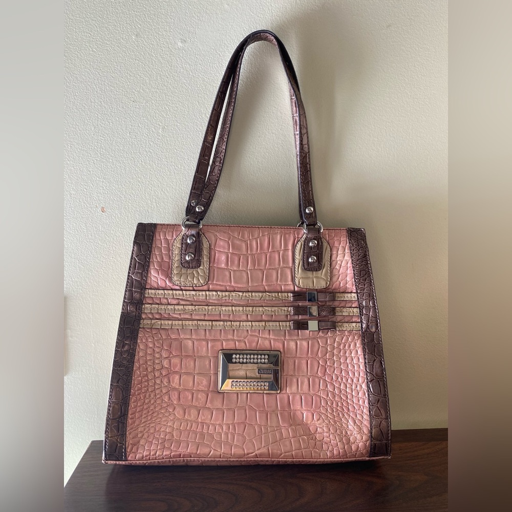 Guess Pink and Brown Crocodile-Embossed Shoulder Bag